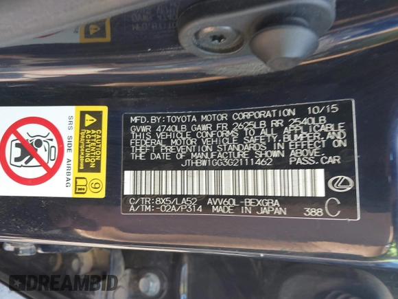 2016 Lexus ES 300h with VIN JTHBW1GG3G2111462, listed as a IAAI auction lot 42043572 with 92,363 mi miles and . Bid and sale history available at DreamBid. Image 9.