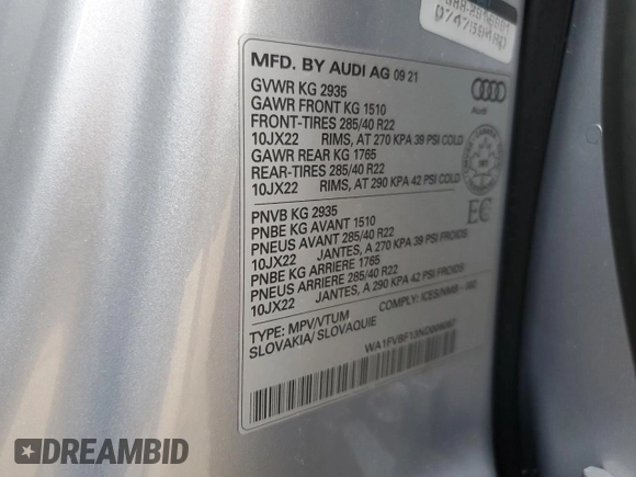 2022 Audi Q8 Prestige with VIN WA1FVBF13ND006067, listed as a Copart auction lot 69232414 with 57,797 mi miles and Salvage Title. Bid and sale history available at carsss.com. Image 14.