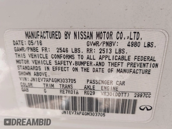 2016 Infiniti Q50 3.0t Premium with VIN JN1EV7AP4GM303705, listed as a IAAI auction lot 41957748 with 122,839 mi miles. Bid and sale history available at carsss.com. Image 9.