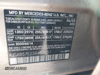 2003 Mercedes-Benz M 350 with VIN 4JGAB57E23A453057, listed as a IAAI auction lot 41704721 with 190,649 mi miles and . Bid and sale history available at DreamBid. Image 9.