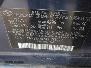 2013 Hyundai Sonata GLS with VIN 5NPEB4AC9DH781979, listed as a IAAI auction lot 42195958 with 138,628 mi miles and . Bid and sale history available at carsss.com. Image 9.