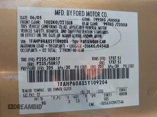 2005 Ford Thunderbird Deluxe with VIN 1FAHP60AX5Y109204, listed as a IAAI auction lot 41507705 with 46,066 mi miles and . Bid and sale history available at DreamBid. Image 9.