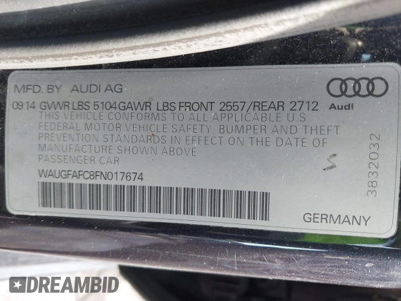 2015 Audi A6 2.0T Premium Plus with VIN WAUGFAFC8FN017674, listed as a IAAI auction lot 41317686 with 171,328 mi miles. Bid and sale history available at carsss.com. Image 9.