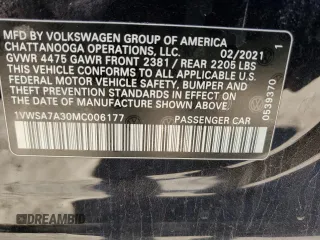 2021 Volkswagen Passat SE with VIN 1VWSA7A30MC006177, listed as a Copart auction lot 85939264 with 61,028 mi miles and Salvage title. Bid and sale history available at DreamBid. Image 12.