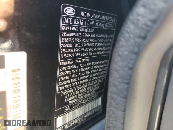 2016 Land Rover Range Rover HSE with VIN SALGS2PF4GA287533, listed as a Copart auction lot 47615005 with 69,081 mi miles and Salvage title. Bid and sale history available at DreamBid. Image 14.