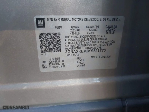 2019 Chevrolet Equinox LT with VIN 3GNAXKEV2KS521370, listed as a IAAI auction lot 41776555 with 65,034 mi miles. Bid and sale history available at carsss.com. Image 9.