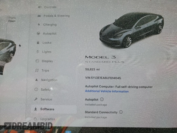 2020 Tesla Model 3 Standard Range Plus with VIN 5YJ3E1EA6LF614045, listed as a Copart auction lot 65222584 with 59,823 mi miles and Salvage Title. Bid and sale history available at DreamBid. Image 9.