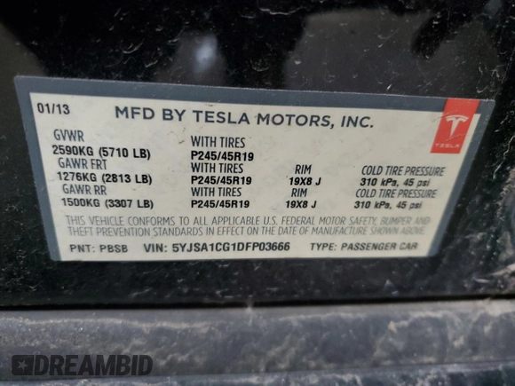 2013 Tesla Model S with VIN 5YJSA1CG1DFP03666, listed as a Copart auction lot 55698345 with 72,592 mi miles and Clean Title. Bid and sale history available at DreamBid. Image 13.
