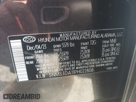 2023 Hyundai Santa Fe Hybrid SEL Premium with VIN 5NMS3DA11PH022808, listed as a Copart auction lot 55766214 with 4,398 mi miles and Salvage Title. Bid and sale history available at carsss.com. Image 15.