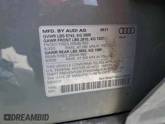 2021 Audi SQ5 Premium Plus with VIN WA1B4AFY9M2139595, listed as a Copart auction lot 48438494 with 28,979 mi miles and . Bid and sale history available at DreamBid. Image 13.