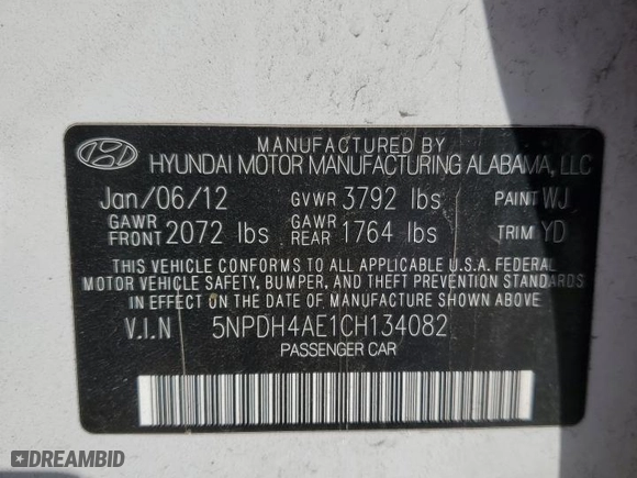 2012 Hyundai Elantra GLS with VIN 5NPDH4AE1CH134082, listed as a Copart auction lot 52193455 with 261,725 mi miles and Salvage Title. Bid and sale history available at carsss.com. Image 14.