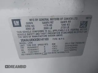 2013 GMC Terrain SLT with VIN 2GKALUEKXD6141169, listed as a IAAI auction lot 42766772 with 232,160 mi miles and . Bid and sale history available at DreamBid. Image 9.