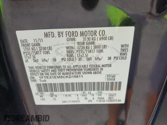2012 Ford F-150 XL with VIN 1FTEX1EM5CKD15811, listed as a IAAI auction lot 42778669 with 153,578 mi miles and . Bid and sale history available at DreamBid. Image 9.