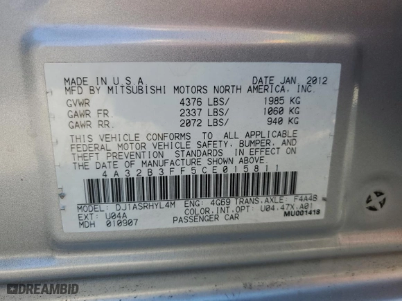 2012 Mitsubishi Galant ES with VIN 4A32B3FF5CE015811, listed as a Copart auction lot 46504765 with 99,058 mi miles and Salvage Title. Bid and sale history available at carsss.com. Image 12.