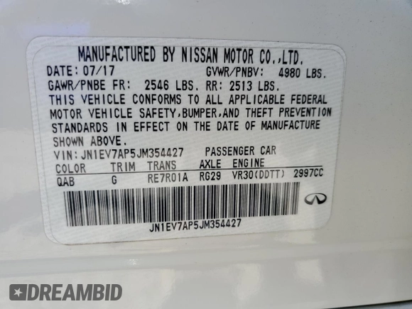2018 Infiniti Q50 Luxe with VIN JN1EV7AP5JM354427, listed as a Copart auction lot 61447855 with 66,320 mi miles and Salvage title. Bid and sale history available at DreamBid. Image 12.