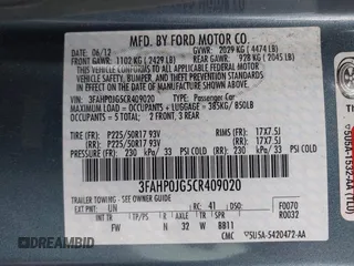 2012 Ford Fusion SEL with VIN 3FAHP0JG5CR409020, listed as a IAAI auction lot 42074553 with 90,962 mi miles. Bid and sale history available at carsss.com. Image 9.
