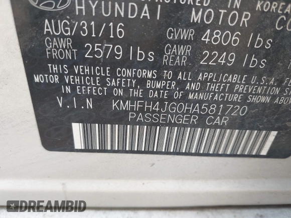 2017 Hyundai Azera Limited with VIN KMHFH4JG0HA581720, listed as a IAAI auction lot 42456573 with 137,317 mi miles and . Bid and sale history available at DreamBid. Image 9.