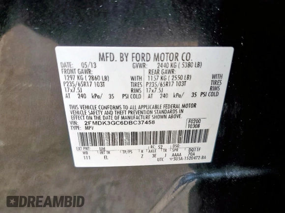 2013 Ford Edge SE with VIN 2FMDK3GC6DBC37458, listed as a Copart auction lot 60228945 with 156,410 mi miles and Salvage title. Bid and sale history available at DreamBid. Image 13.