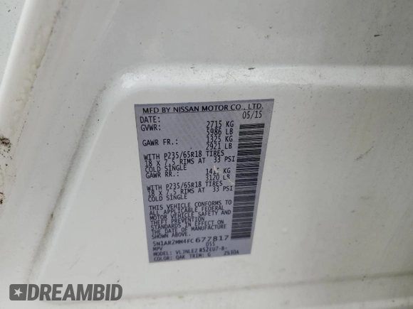 2015 Nissan Pathfinder S z VIN 5N1AR2MM4FC677817, wystawiony jako Copart lot #58961835 z przebiegiem 227 475 mil mil oraz Czysty tytuł • Clean title. Historia ofert i sprzedaży dostępna na DreamBid. Obrazek 13.