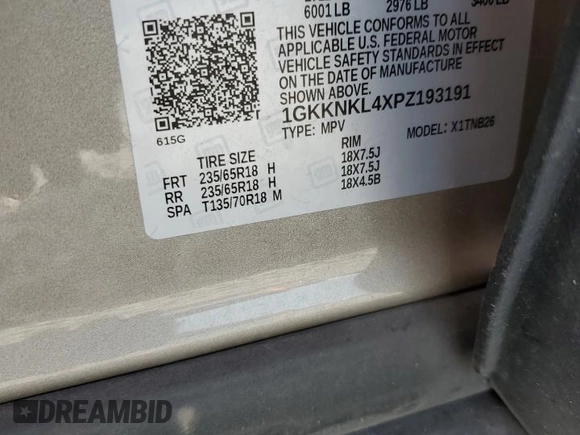 2023 GMC Acadia SLE with VIN 1GKKNKL4XPZ193191, listed as a Copart auction lot 58770835 with 34,832 mi miles and Salvage title. Bid and sale history available at DreamBid. Image 14.