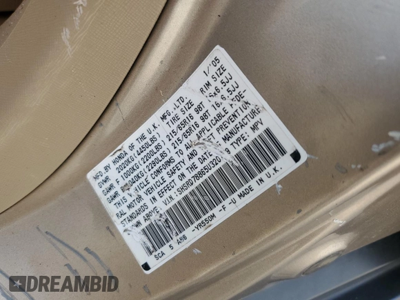 2005 Honda CR-V EX with VIN SHSRD78865U320729, listed as a Copart auction lot 54406435 with 206,351 mi miles and Salvage Title. Bid and sale history available at DreamBid. Image 13.