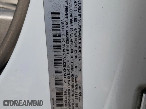 2011 Volkswagen Jetta SE with VIN 3VWDZ7AJXBM374152, listed as a Copart auction lot 60726265 with 133,161 mi miles and Salvage title. Bid and sale history available at DreamBid. Image 12.
