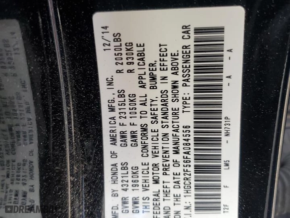 2015 Honda Accord Sedan Sport with VIN 1HGCR2F56FA084556, listed as a Copart auction lot 51522165 with 154,812 mi miles and Salvage Title. Bid and sale history available at carsss.com. Image 12.