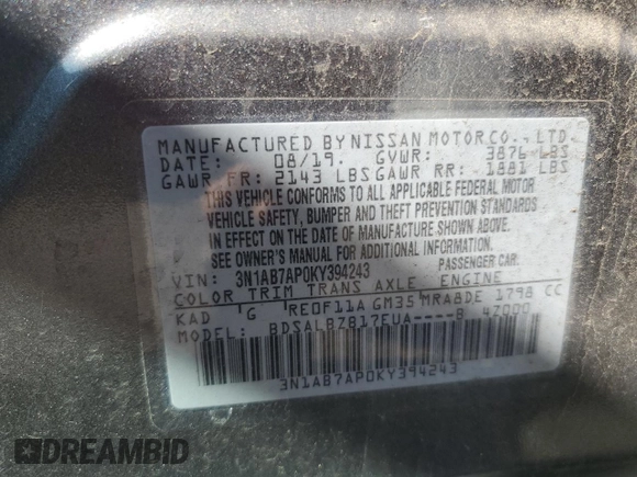 2019 Nissan Sentra SR with VIN 3N1AB7AP0KY394243, listed as a Copart auction lot 52286175 with 0 mi miles and Salvage Title. Bid and sale history available at carsss.com. Image 12.