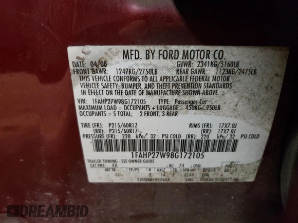 2008 Ford Taurus SEL with VIN 1FAHP27W98G172105, listed as a Copart auction lot 75065514 with 156,415 mi miles and Salvage Title. Bid and sale history available at carsss.com. Image 12.