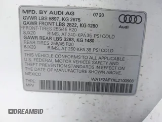 2020 Audi Q5 S line Prestige with VIN WA1F2AFYXL2100908, listed as a IAAI auction lot 41538936 with 80,238 mi miles. Bid and sale history available at carsss.com. Image 9.