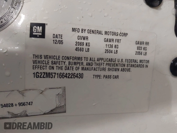 2006 Pontiac G6 GTP z VIN 1G2ZM571664226430, wystawiony jako IAAI lot #41315375 z przebiegiem 219 985 mil mil oraz . Historia ofert i sprzedaży dostępna na DreamBid. Obrazek 9.