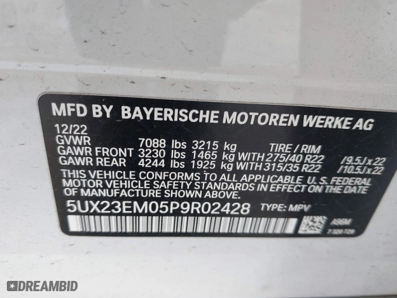 2023 BMW X7 xDrive40i with VIN 5UX23EM05P9R02428, listed as a IAAI auction lot 41695731 with 34,287 mi miles. Bid and sale history available at carsss.com. Image 9.