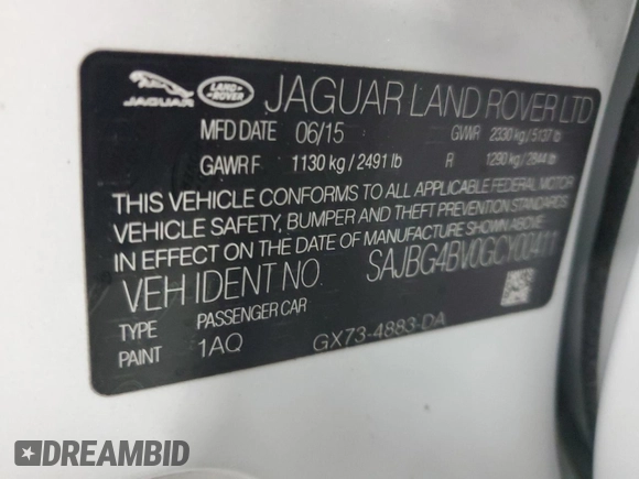 2016 Jaguar XF S with VIN SAJBG4BV0GCY00411, listed as a Copart auction lot 66068964 with 94,983 mi miles and Salvage Title. Bid and sale history available at carsss.com. Image 13.