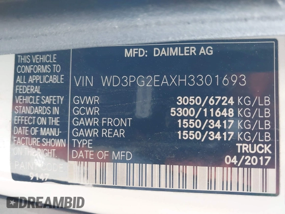 2017 Mercedes-Benz Metris Cargo with VIN WD3PG2EAXH3301693, listed as a IAAI auction lot 42233752 with 125,820 mi miles and . Bid and sale history available at DreamBid. Image 9.