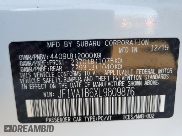 2020 Subaru WRX Premium with VIN JF1VA1B6XL9809876, listed as a Copart auction lot 85896704 with 52,224 mi miles and Salvage Title. Bid and sale history available at carsss.com. Image 12.