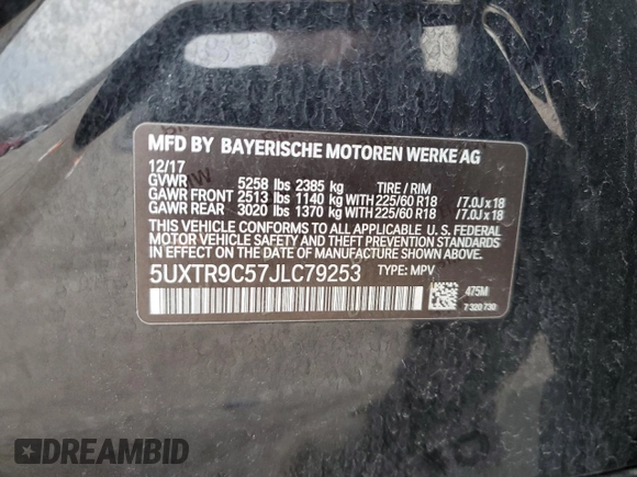 2018 BMW X3 xDrive30i with VIN 5UXTR9C57JLC79253, listed as a Copart auction lot 52624295 with 67,001 mi miles and Clean Title. Bid and sale history available at DreamBid. Image 14.