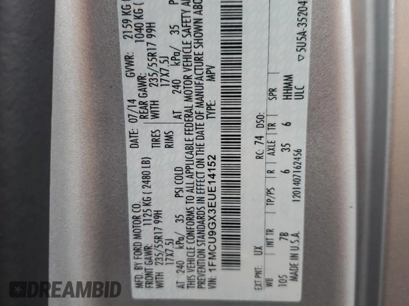 2014 Ford Escape SE with VIN 1FMCU9GX3EUE14152, listed as a Copart auction lot 45697065 with 116,278 mi miles and Salvage Title. Bid and sale history available at carsss.com. Image 16.