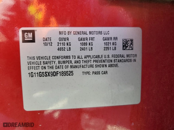 2013 Chevrolet Malibu LT with VIN 1G11G5SX9DF189525, listed as a Copart auction lot 50537055 with 109,526 mi miles and Salvage Title. Bid and sale history available at carsss.com. Image 14.
