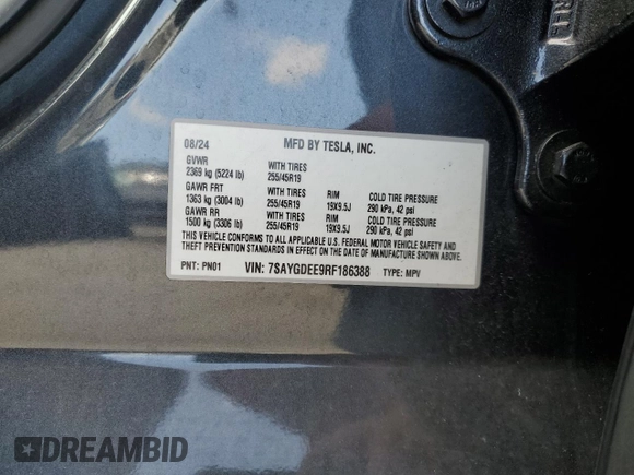 2024 Tesla Model Y Long Range z VIN 7SAYGDEE9RF186388, wystawiony jako Copart lot #58471595 z przebiegiem 23 185 mil mil oraz Szkoda całkowita • Salvage title. Historia ofert i sprzedaży dostępna na DreamBid. Obrazek 13.