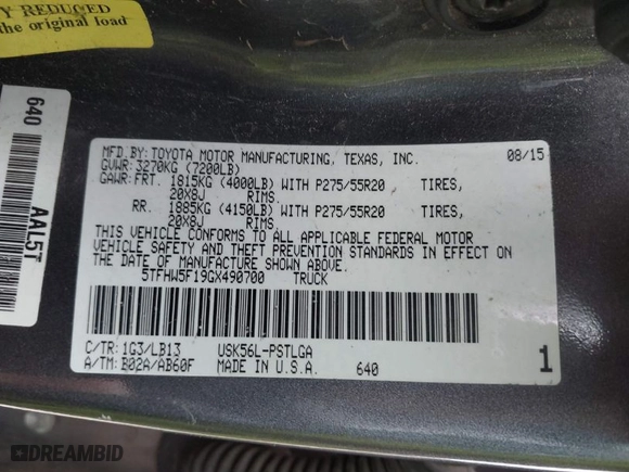 2016 Toyota Tundra 4WD Truck LTD with VIN 5TFHW5F19GX490700, listed as a IAAI auction lot 41958974 with 252,002 mi miles. Bid and sale history available at carsss.com. Image 9.