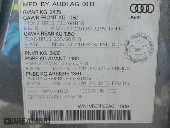 2014 Audi Q5 Premium Plus with VIN WA1VFCFP6EA011509, listed as a Copart auction lot 61139315 with 234,700 mi miles and Salvage title. Bid and sale history available at DreamBid. Image 14.