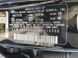 2021 Kia K5 GT-Line with VIN 5XXG64J21MG019388, listed as a Copart auction lot 42765745 with 63,063 mi miles and Salvage Title. Bid and sale history available at carsss.com. Image 12.