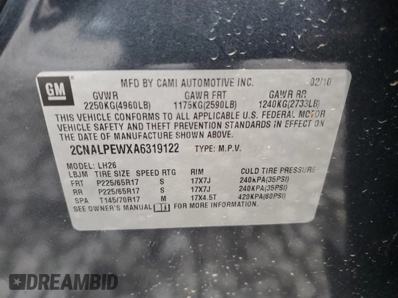 2010 Chevrolet Equinox 2LT with VIN 2CNALPEWXA6319122, listed as a Copart auction lot 50715075 with 71,224 mi miles and Salvage Title. Bid and sale history available at DreamBid. Image 12.