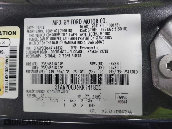 2019 Ford Fusion SEL with VIN 3FA6P0CD6KR141832, listed as a IAAI auction lot 41800102 with 142,282 mi miles and . Bid and sale history available at DreamBid. Image 9.