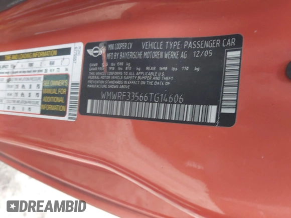 2006 MINI Convertible with VIN WMWRF33566TG14606, listed as a IAAI auction lot 41402790 with 177,081 mi miles and . Bid and sale history available at DreamBid. Image 9.
