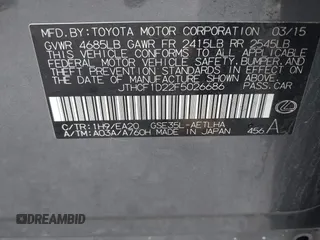 2015 Lexus IS 250 with VIN JTHCF1D22F5026686, listed as a IAAI auction lot 42267098 with 136,541 mi miles and . Bid and sale history available at DreamBid. Image 9.