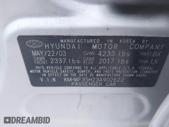 2003 Hyundai Sonata GLS with VIN KMHWF35H23A902622, listed as a IAAI auction lot 41914230 with 138,312 mi miles. Bid and sale history available at carsss.com. Image 9.