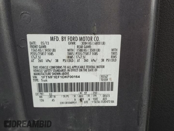 2013 Ford F-150 XL with VIN 1FTMF1EF1DKF00164, listed as a Copart auction lot 63828125 with 337,095 mi miles and Clean title. Bid and sale history available at DreamBid. Image 12.
