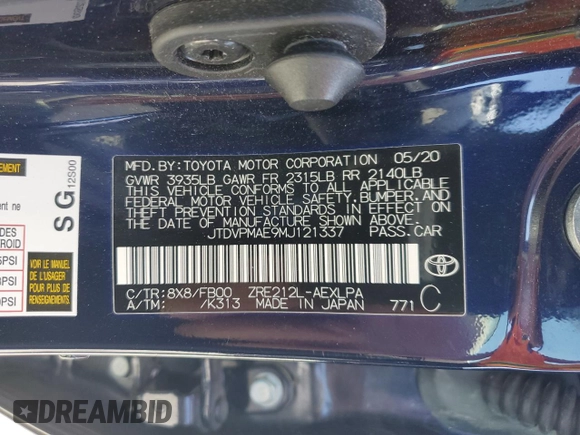 2021 Toyota Corolla LE with VIN JTDVPMAE9MJ121337, listed as a Copart auction lot 56254894 with 11,976 mi miles and Salvage Title. Bid and sale history available at DreamBid. Image 13.