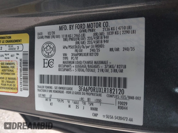 2020 Ford Fusion Titanium with VIN 3FA6P0RUXLR182120, listed as a IAAI auction lot 42351542 with 141,746 mi miles and . Bid and sale history available at DreamBid. Image 9.